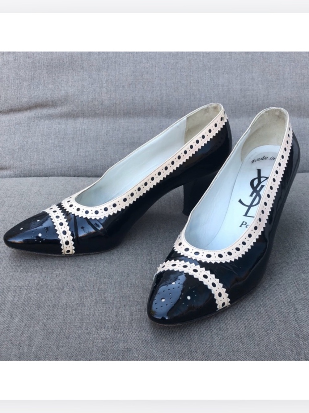 YSL Vintage Patent Spectator Pump in Ivory & Black